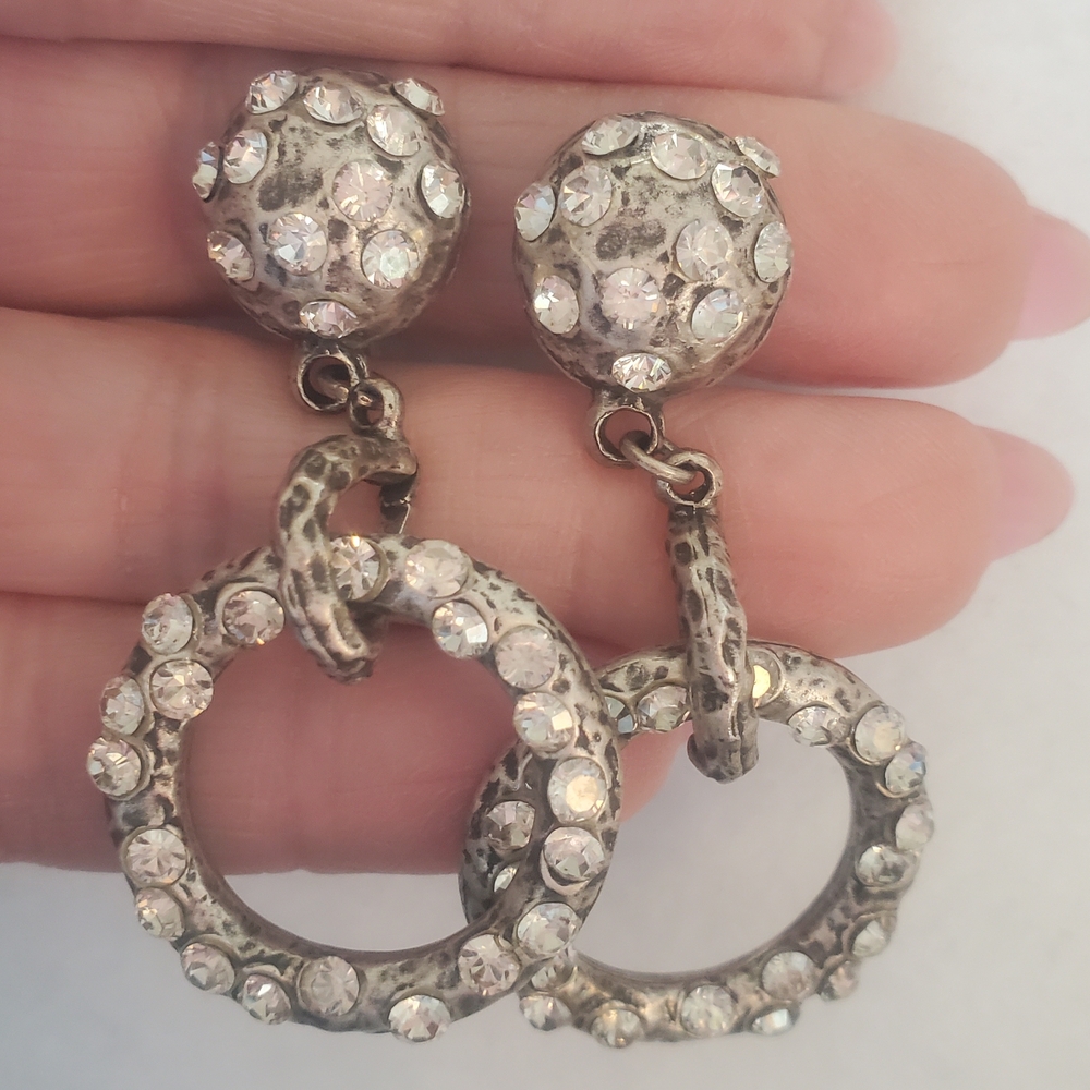 Crystal-Embellished Hoop- Drop Clip On Earrings - Silver Tone